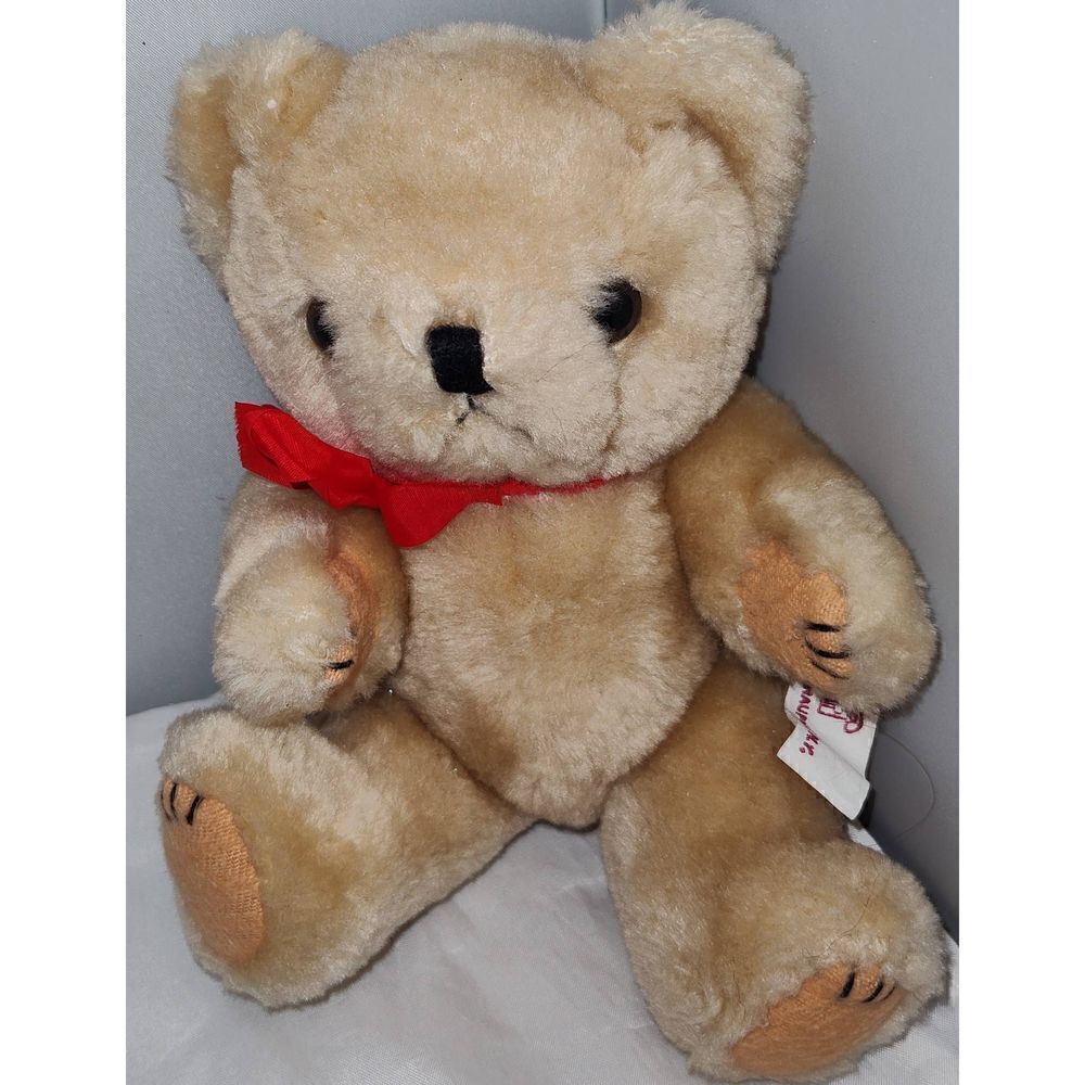 Cafi Teddy Bear Plush Toy 8" Stuffed Animal Beige Jointed  Arms Legs Red Ribbon